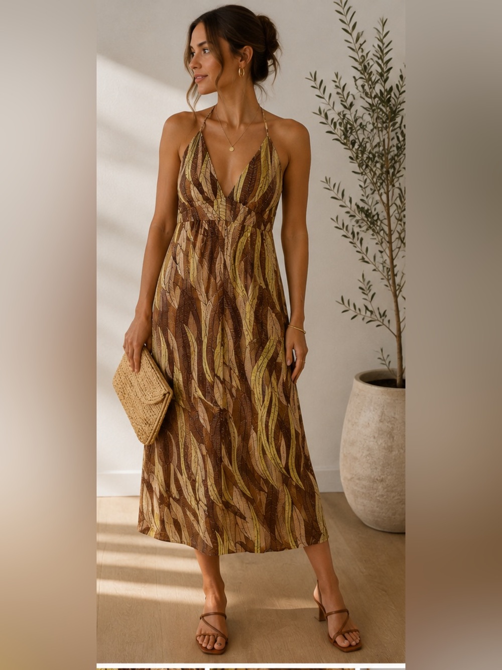 Veronica M NWT Retro Print Plunge Halter Midi Dress L